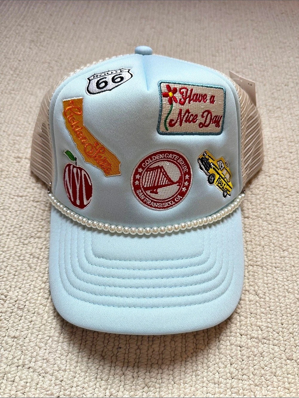 Anthropologie Fall Patch Trucker Hat Blue & Beige Trucker Hat NWT